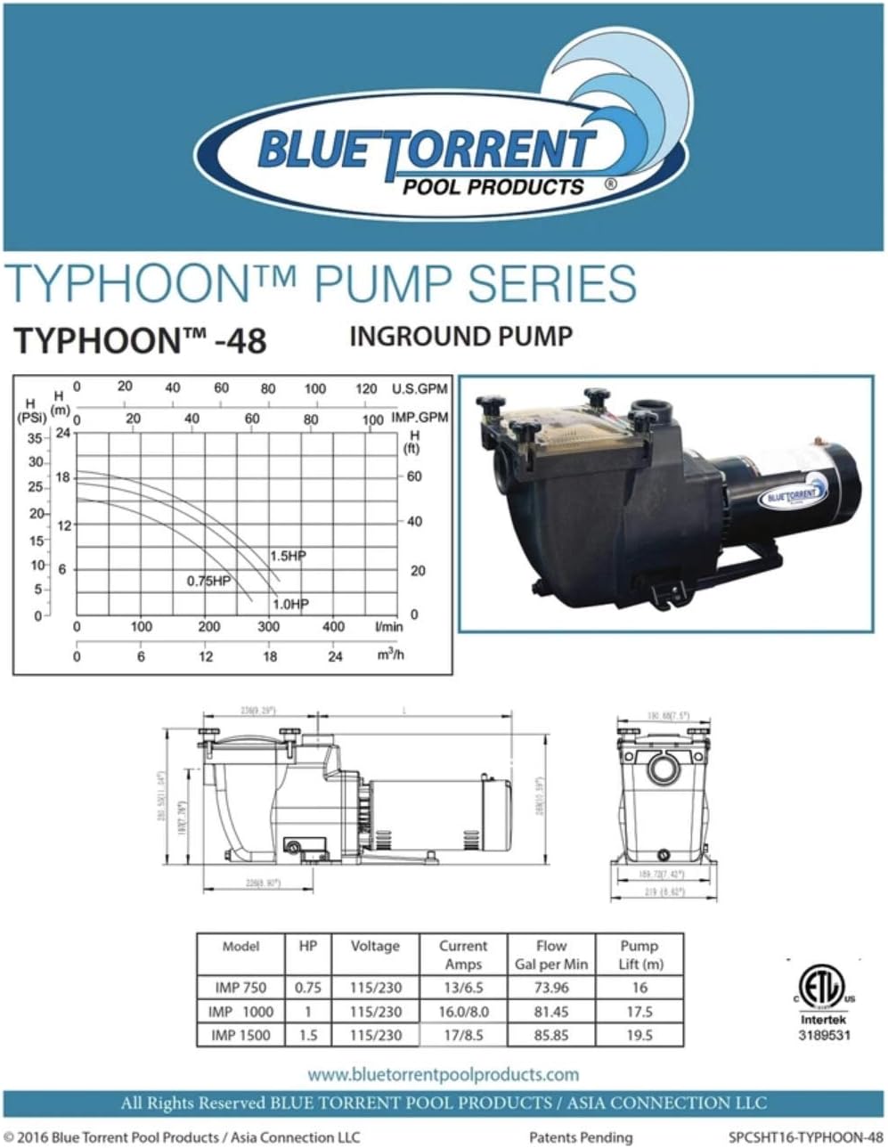 Blue Torrent Typhoon 1.5 HP 48-Frame Inground Pool Pump - Energy-Efficient & Powerful